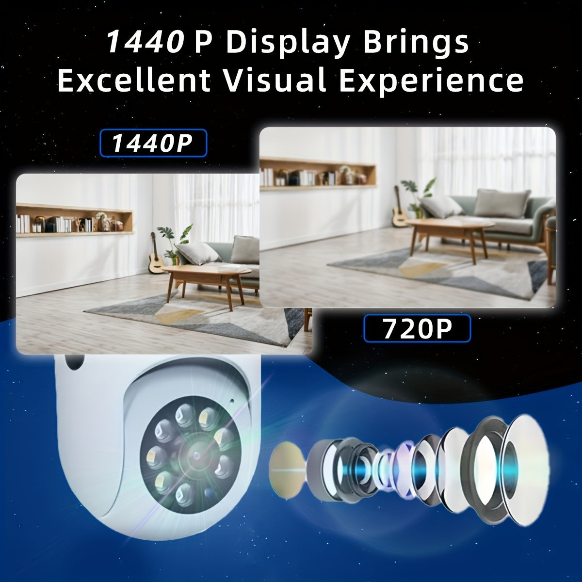 The 1 piece QKH 2.4G WiFi HD Security Camera features PTZ with Auto Tracking, Alarm, Color Night Vision, AI Motion Detection, Flood Light, 1440P Resolution, 350° Horizontal & 90° Vertical Rotation, Two-Way Audio, Smartphone Compatibility, USB Power, and