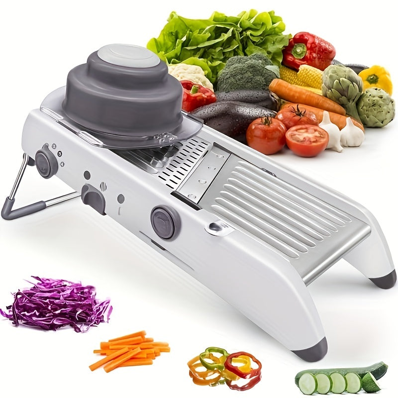 Professional grade stainless steel mandoline slicer capable of adjusting to 18 different sizes, perfect for slicing vegetables such as onions and potatoes. Safe and easy to use, this kitchen accessory is a must-have for any cook.