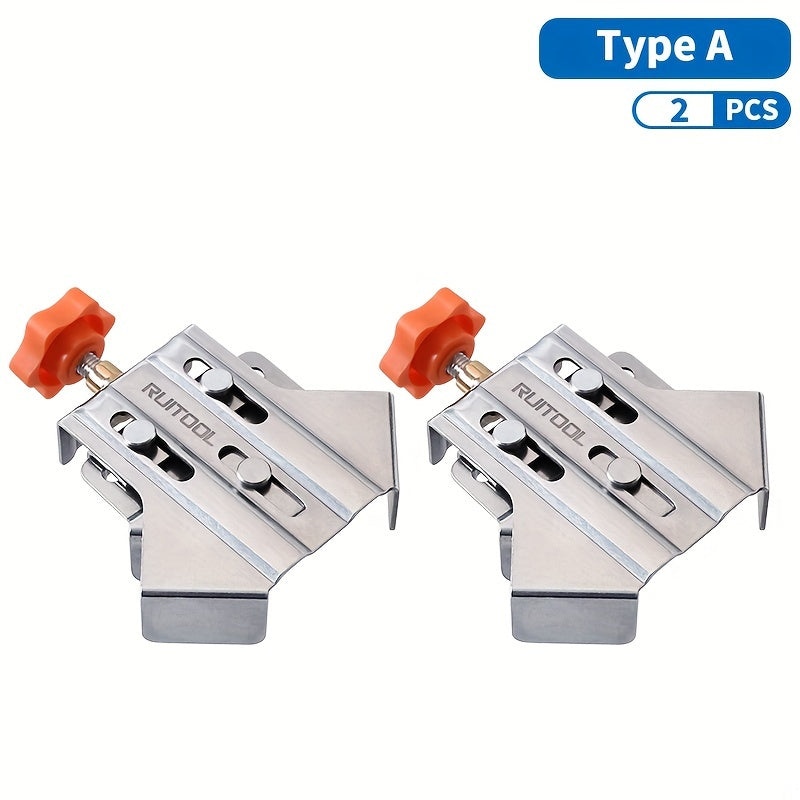 Stainless steel corner clamp for woodworking, with adjustable positioning and durable plastic components.