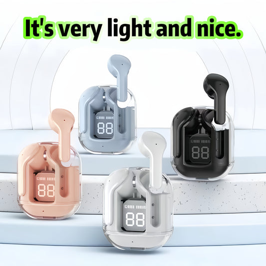 Transparent wireless earbuds with long battery life, novelty design, ideal unisex gift for sports, with condenser mic and Type-C USB charging. Charger not included.