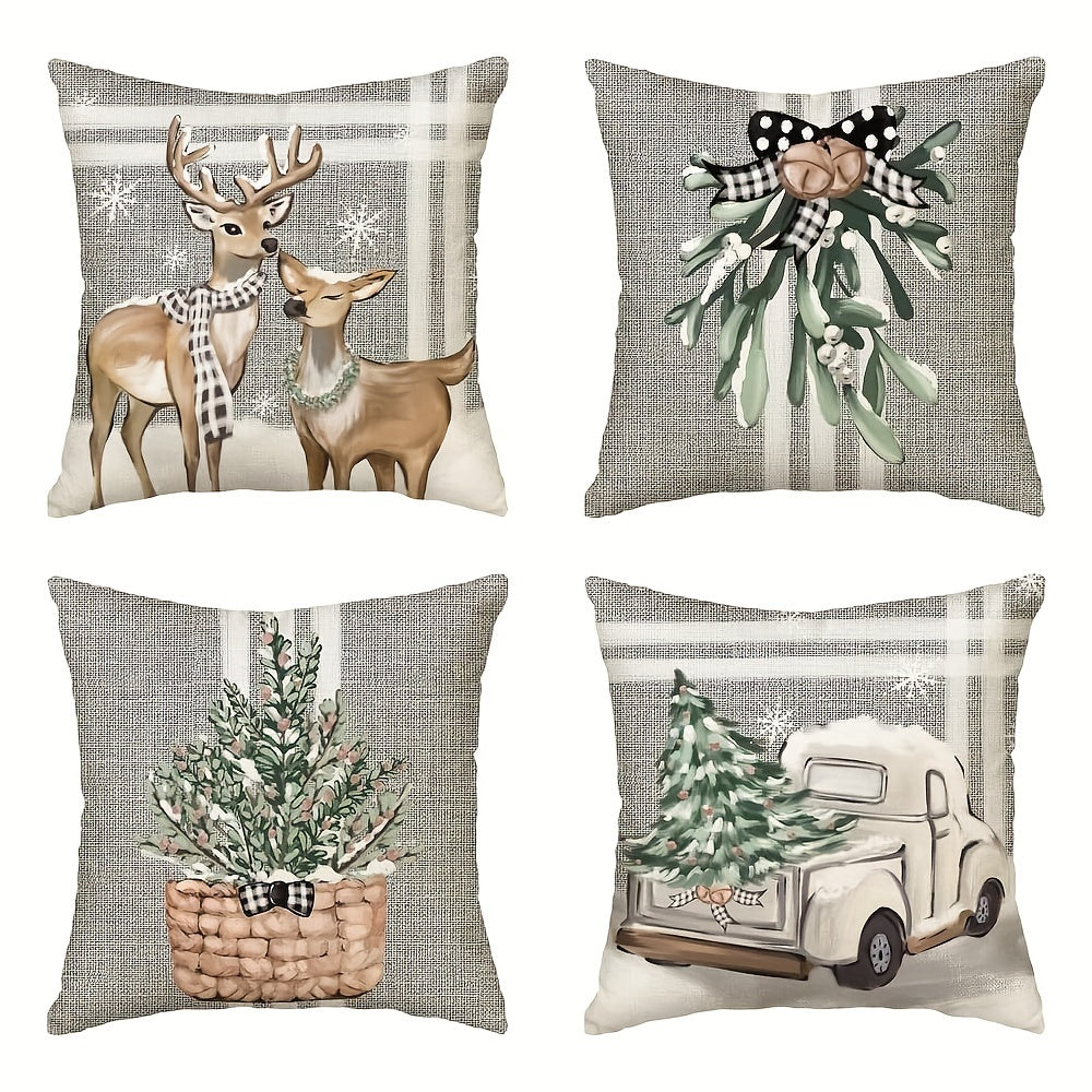 Set of 4 Christmas polyester throw pillow cases featuring reindeer and eucalyptus design. Ideal for decorating outdoor living rooms, bedrooms, couches, and sofas.