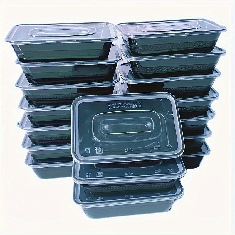 The package includes 10, 20, and 50 black lidded food storage containers. These ultra-thick plastic containers are portable and disposable, perfect for takeout meals. They are BPA-free and safe to use in the dishwasher, microwave, and refrigerator. Each