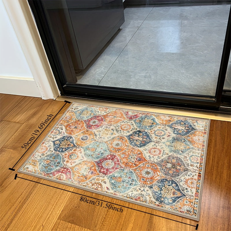 Bohemian printed Mat made of 930g polyester per square meter with anti-slip dot plastic bottom. This machine washable floor mat is easy to clean, anti-slip, and fashionable. Suitable for living room, bedroom, kitchen, laundry room, and home office.