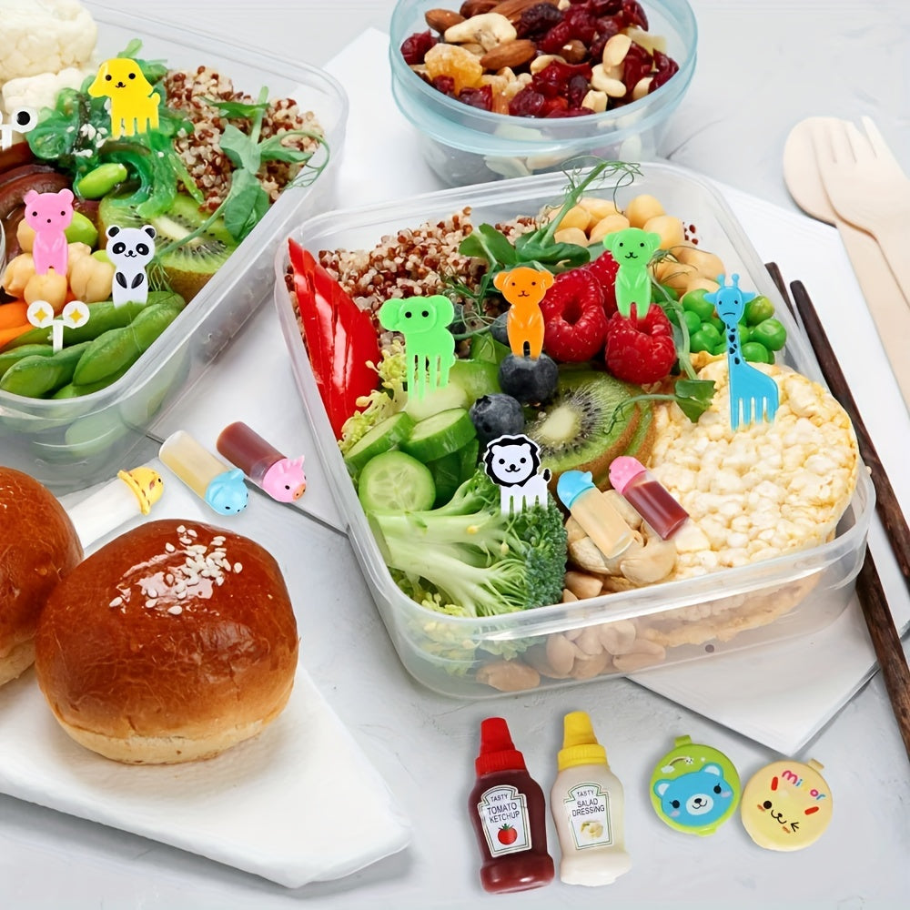 38-piece set of lunch accessories including animal and fruit fork picks, salad dressing squeeze bottles, and bento box decorations made of polypropylene. Perfect for adding fun to mealtime and a must-have for any kitchen.