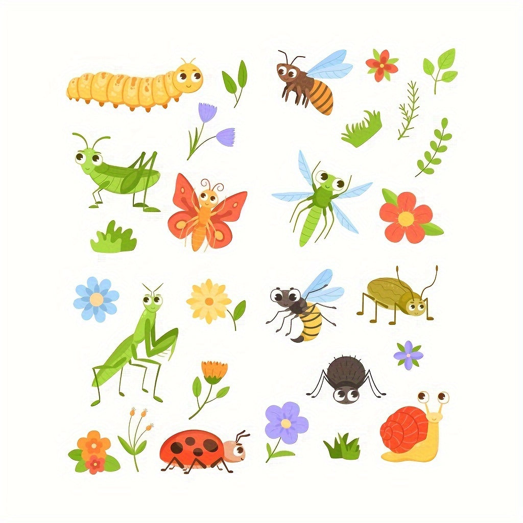 Two static electricity glass stickers featuring cartoon insects and flowers with intricate detailing. These decorative stickers are detachable and designed for glass windows measuring 29.97cm x 20.07cm.