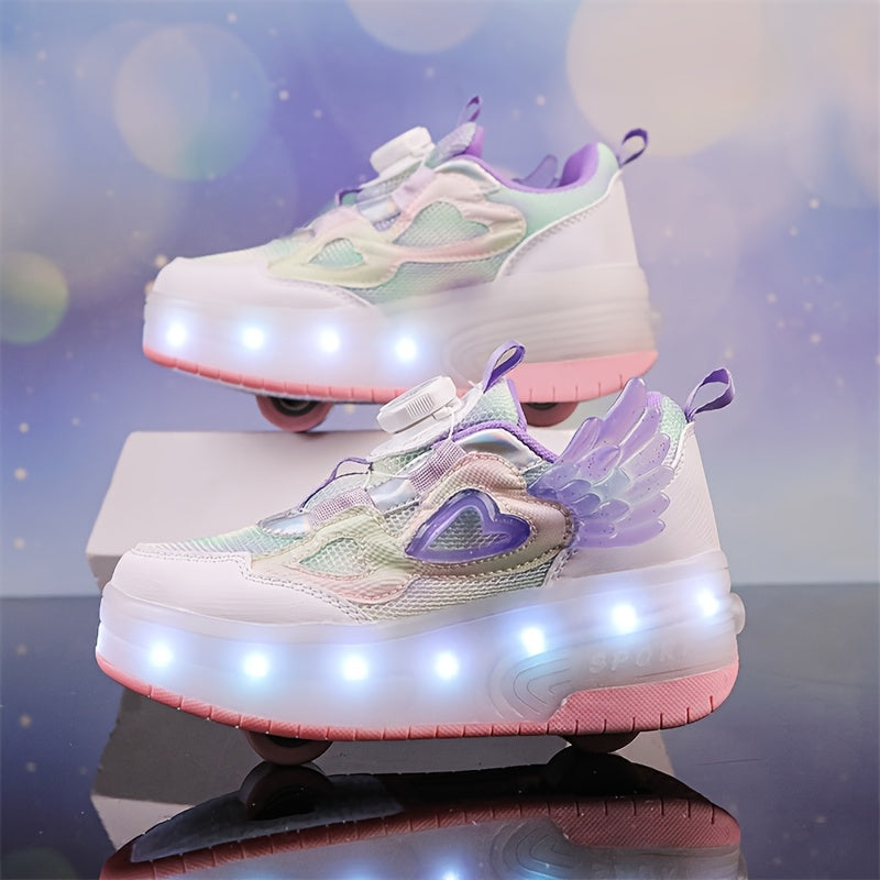 Breathable, durable, and stylish girls' light-up roller skates with rotating buckle closure.