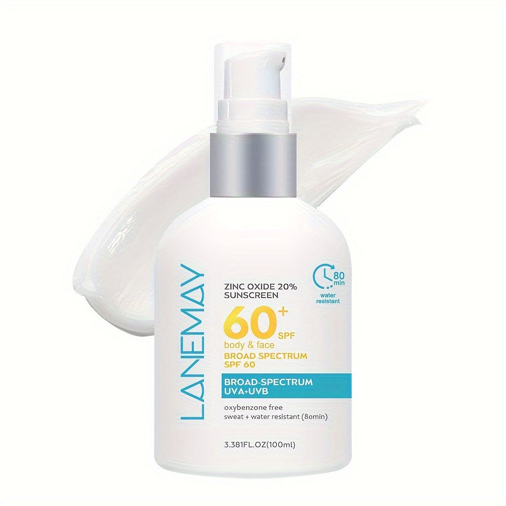 Lanemay SPF 60 Sunscreen Lotion with 20% Zinc Oxide for UVA/UVB Protection, Water & Sweat Resistant, Hyaluronic Acid & Vitamin E, 3.38 fl oz