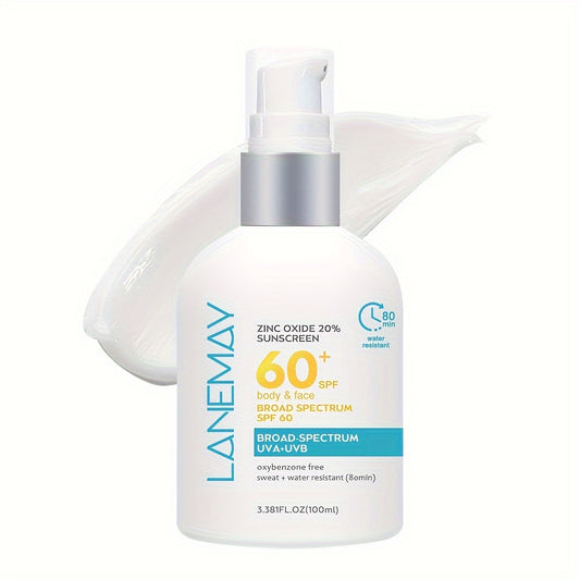 Lanemay SPF 60 Quyoshdan himoya losyoni 20% Sink oksidi bilan UVA/UVB himoyasi, suv va terga chidamli, Gialuron kislotasi va Vitamin E, 3.38 fl oz