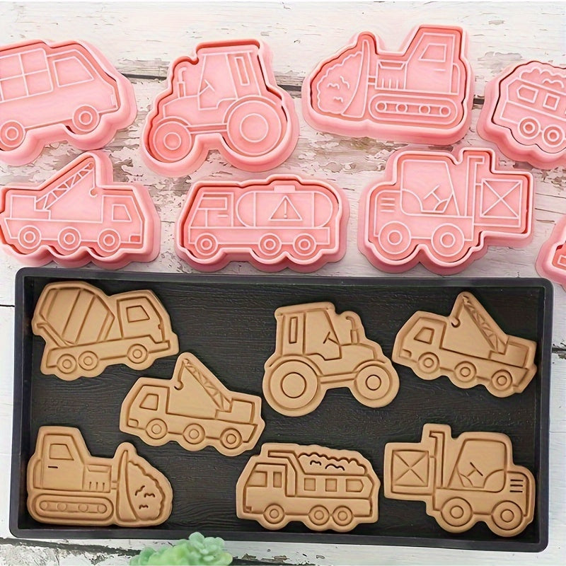 Set of 8 Construction Vehicles Cookie Cutters with Engineering Cookie Embosser, Pastry Cutter Set, Biscuit Molds, Baking Tools, and Kitchen Accessories.