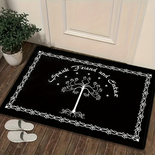 One Piece Welcome Mat with "Speak Friend and Enter" Design, Suitable for Indoor Entryway, Bathroom Carpet Decor, Front Door, Kitchen, or Porch, Machine Washable, Non-Slip, Made of Polyester, Rectangular Shape