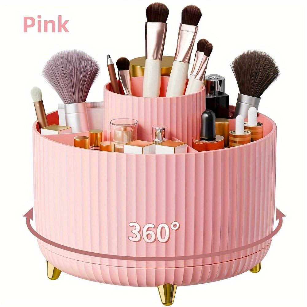 Makeup brush organizer with 360° rotation and 5 compartments for brushes, lipsticks, and stationery. Made of hypoallergenic plastic.