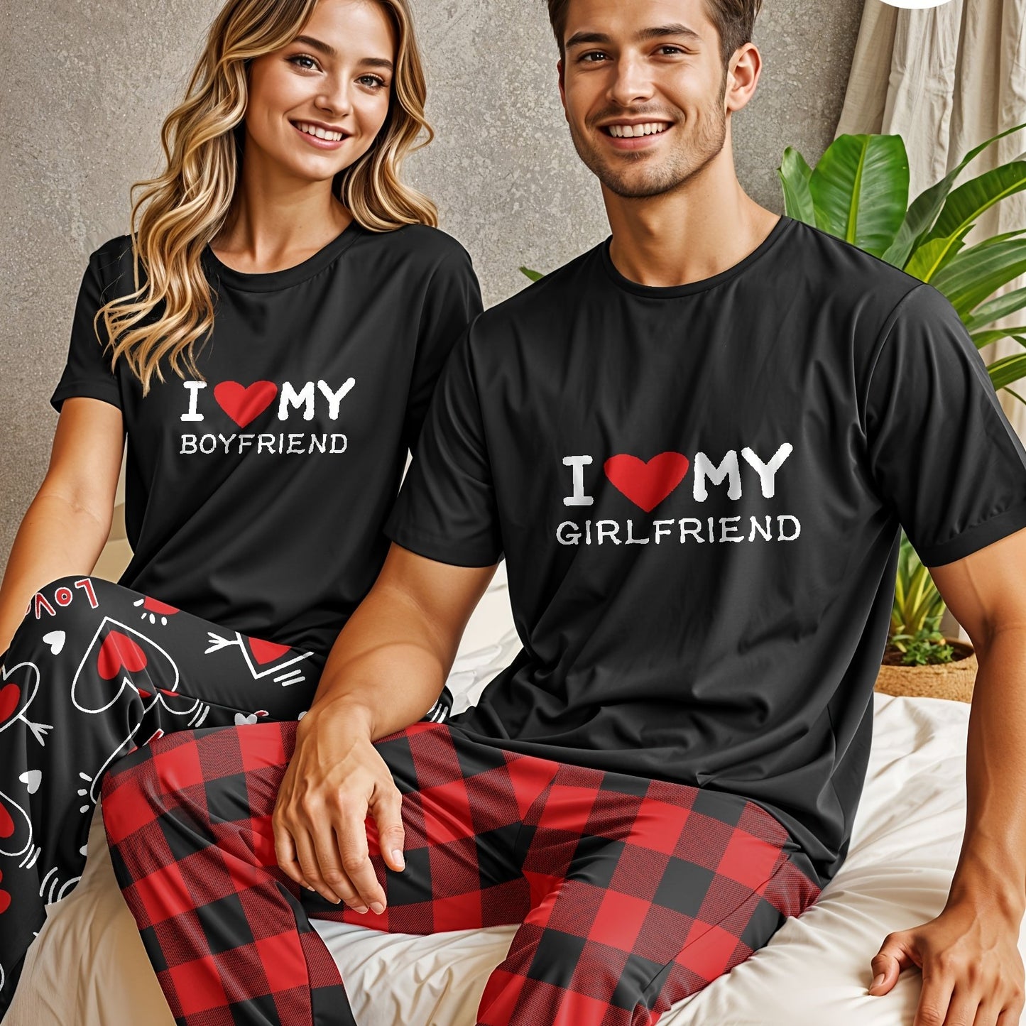 Men's and Women's couple's pajama set with "I Love My Girlfriend" printed t-shirt and red checkered pants, made of polyester knit fabric with crew neck, regular fit, medium stretch, 97%