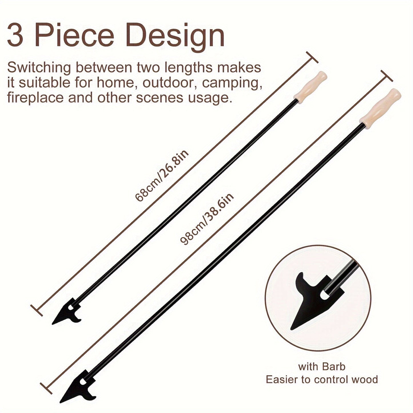 39-Inch Fire Poker with Removable Design for Fire Pit, Campfires, and Outdoor Camping - Includes Wooden Handle for Indoor Use - Essential Fire Pit Tool with Versatile Length