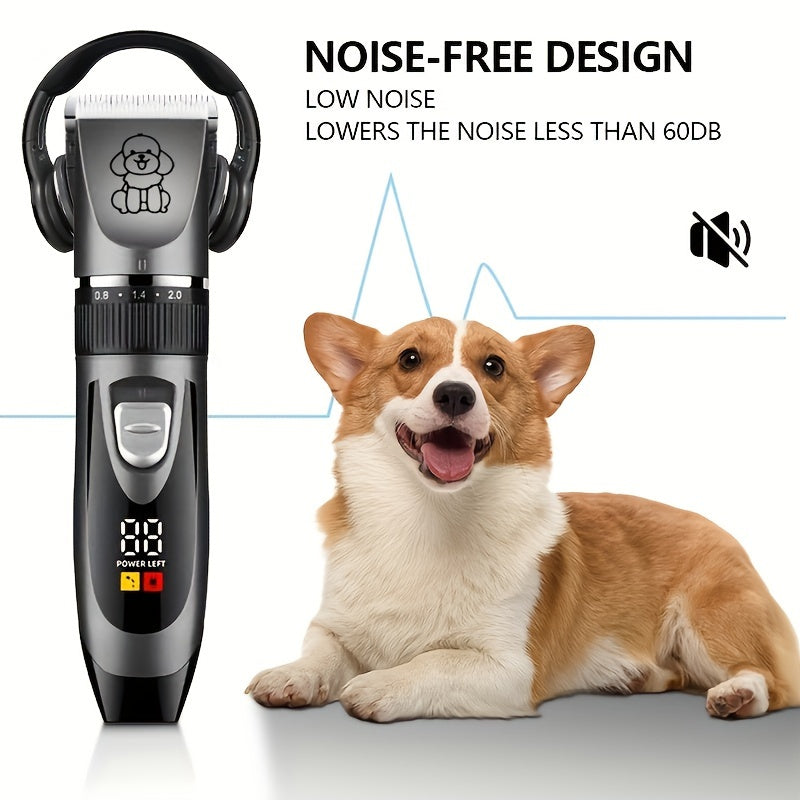 Professional pet grooming electric clipper set with USB charging, low noise design for dogs. Rechargeable with lithium battery and cordless trimmer for pet hair cutting. Multiple guard