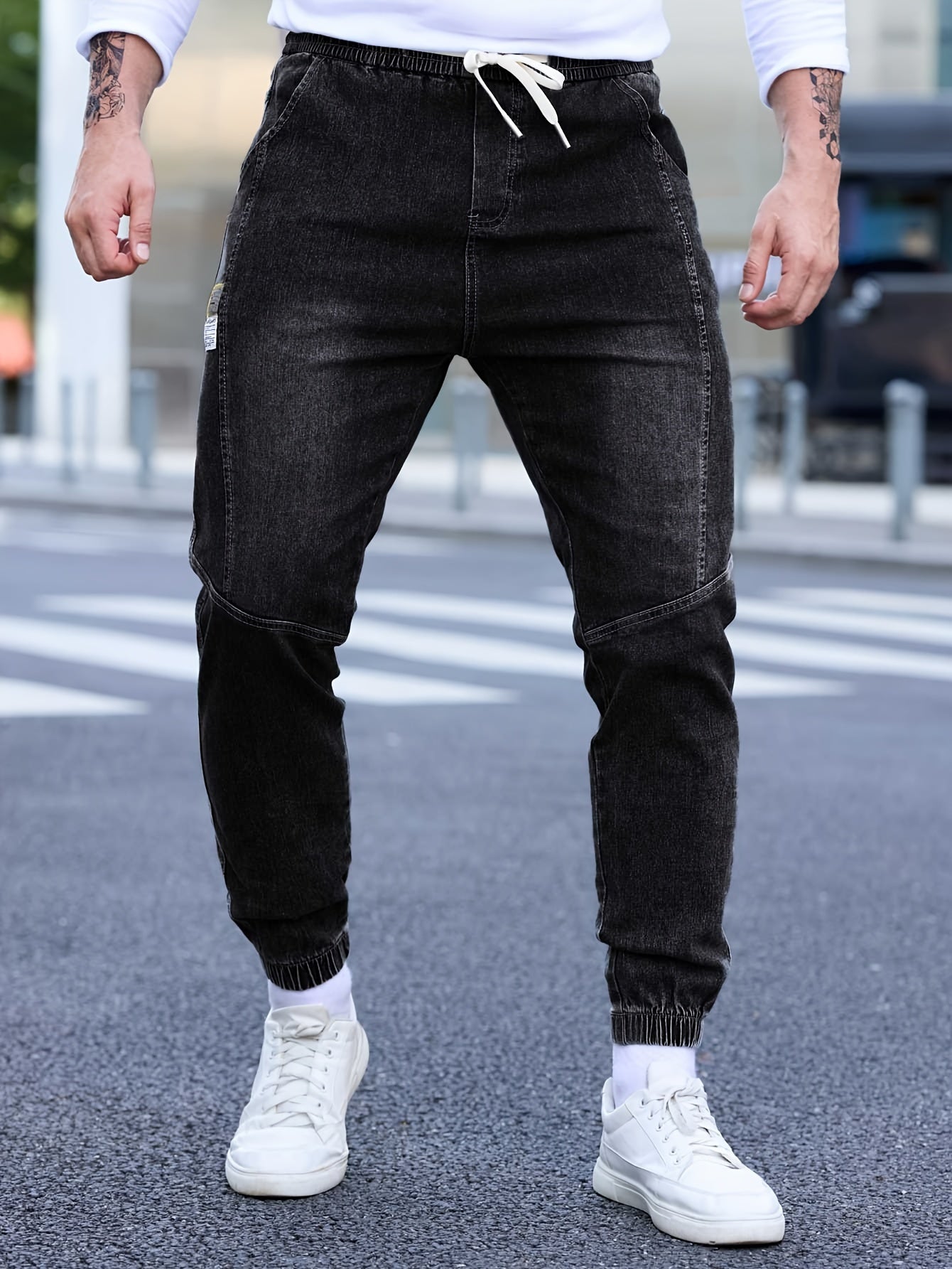 Men's denim cropped pants with pockets, drawstring waist, perfect for fall and winter outdoor activities.