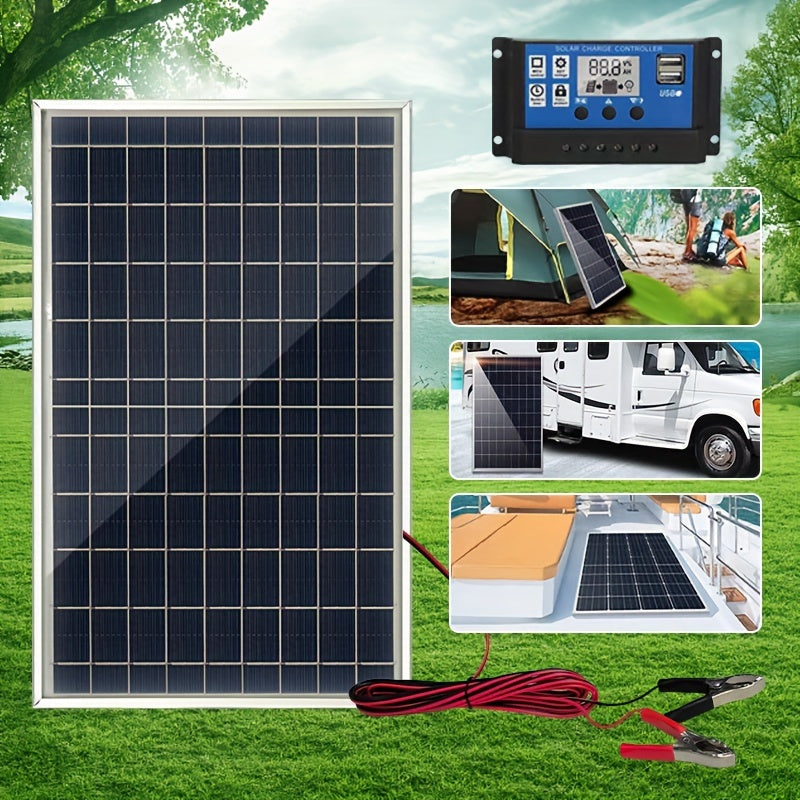 Portable solar panel kit with 100A controller and USB 5V charger for RVs, boats, camping, hiking, phones, watches, and pet beds. Powered by solar energy.