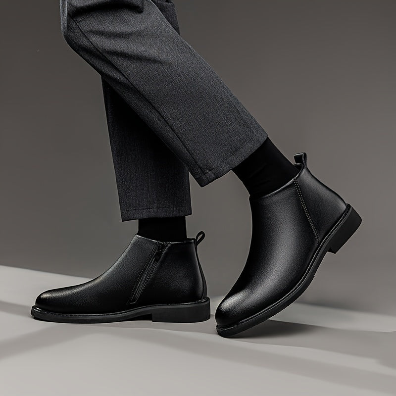 Men's classic mid-top ankle boots with solid color faux, round toe, rubber sole, and slip-on or zippered closure. Suitable for daily wear, parties, and business.