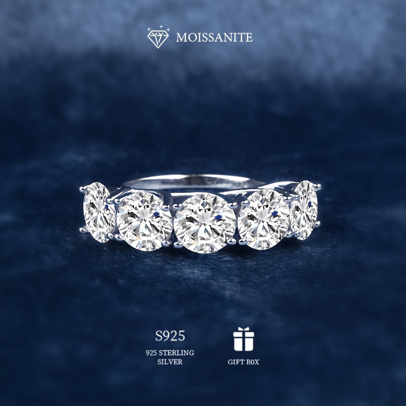 Exquisite 925 Sterling Silver Hypoallergenic Ring with 2.5ct - 5ct Moissanite in Five Rows. Perfect Gift for Women on Valentine's Day or Mother's Day. Ideal for Engagements or Weddings. Comes with Moissanite Certificate and Elegant Gift Box.