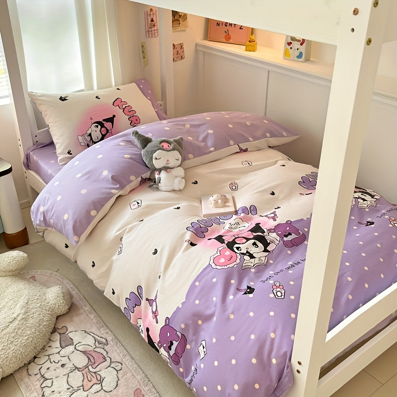 4-piece Sanrio bedding set includes 1 quilt cover, 2 pillowcases, and 1 sheet. Soft, comfortable, and durable. Bedding set measures 200.0cm * 230.0cm and is purple in color. Quilt and