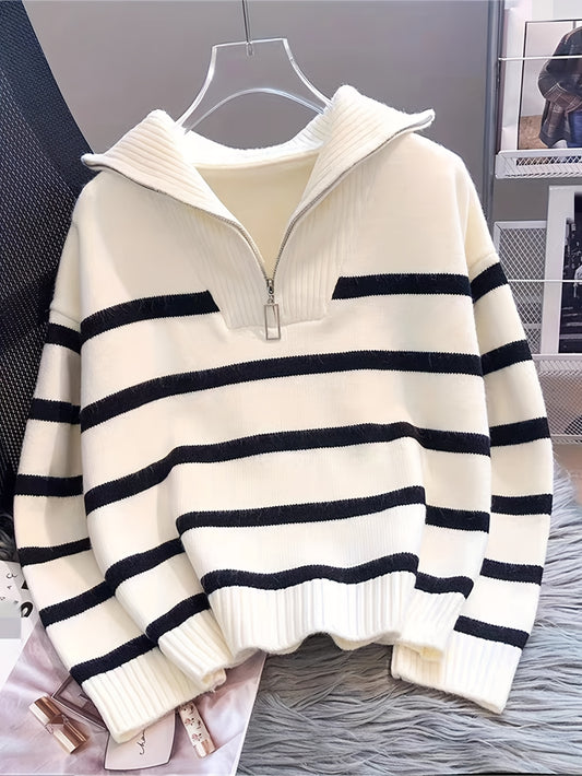 Elegant Striped Zip-Up Knit Sweater, Cozy Acrylic & Polyester Blend, Ideal for Fall/Winter