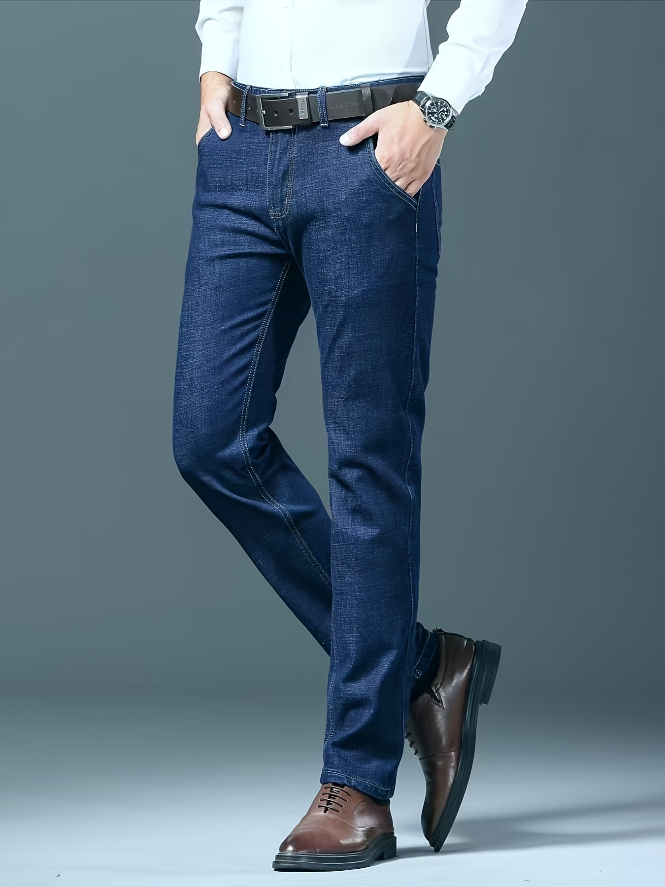 2024 New Style Men's Dark Blue Slim Fit Jeans, Thick Casual Pants for Autumn and Winter, Four Seasons Style.