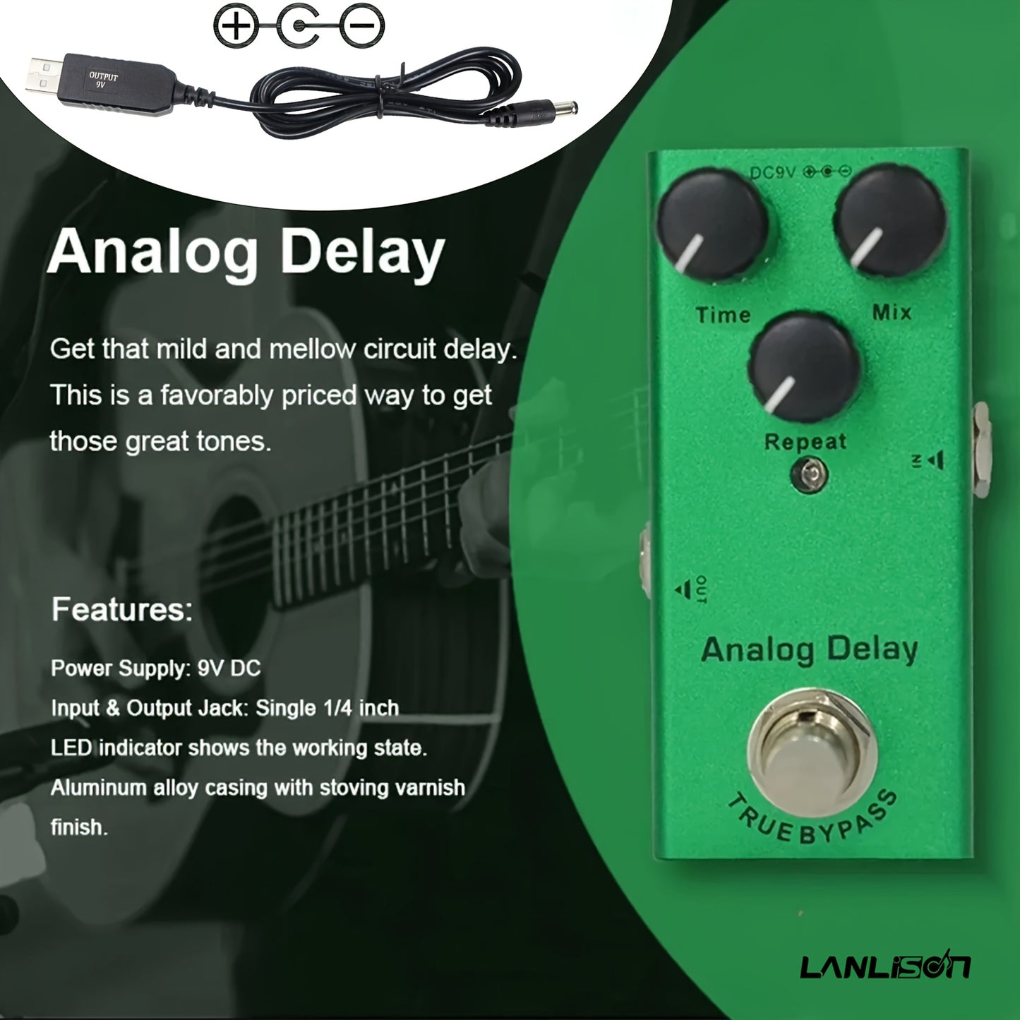 Analog delay pedal for electric guitar with true bypass and USB boost cable.