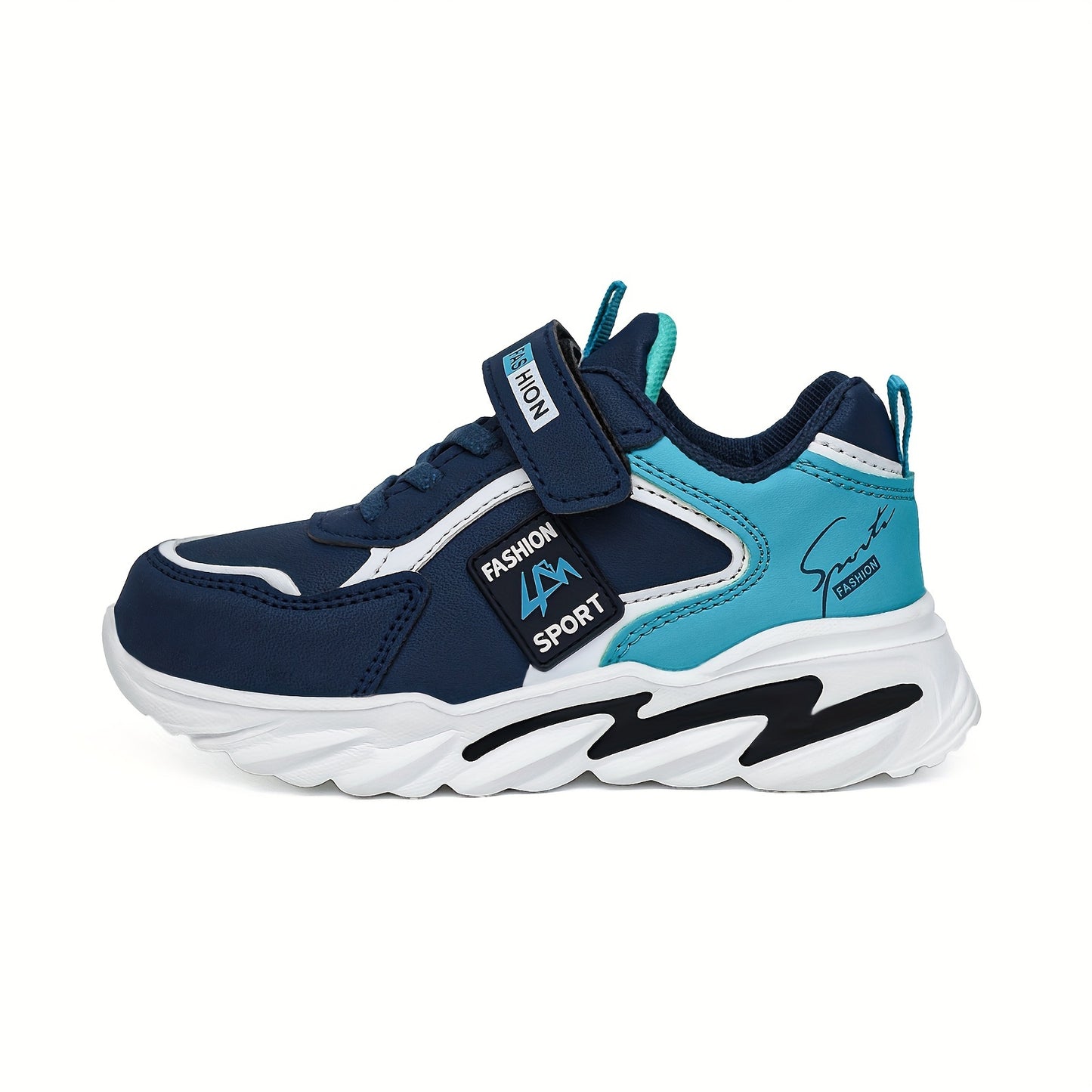 Boys' navy blue and turquoise sneakers with hook-and-loop closure, ideal for school, sports, and casual wear.