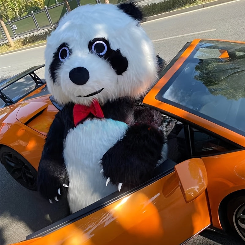 Giant panda inflatable costume with backpack & bow tie for parties, masquerades & holidays.