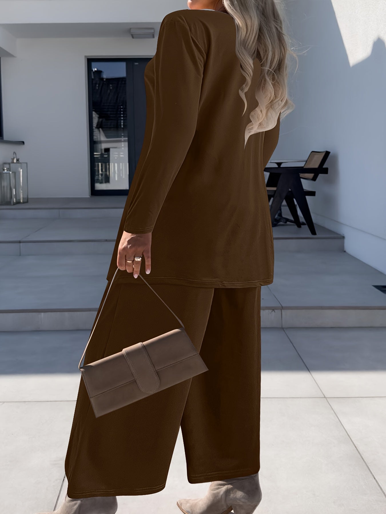 Stylish women's brown two-piece set featuring a long sleeve open front cardigan and wide-leg pants made from a polyester blend, machine washable, ideal for everyday elegance.