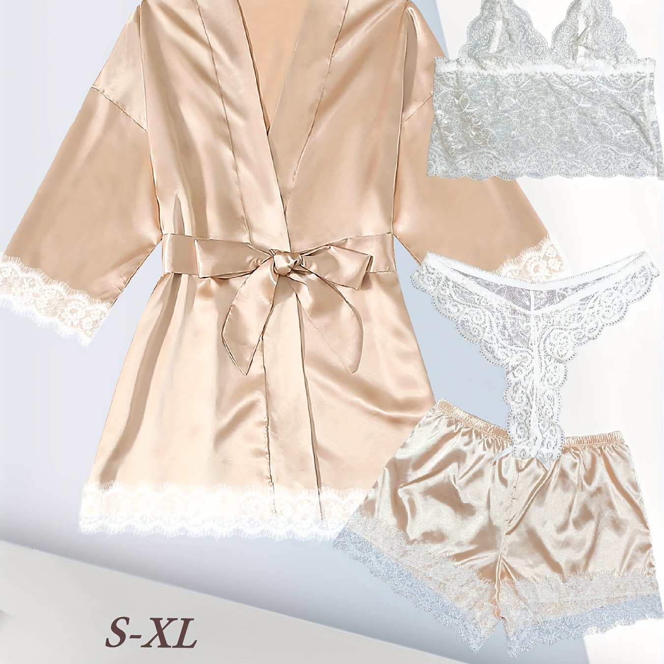 Satin lounge set with lace, robe, cami bra, thongs, and shorts for women.