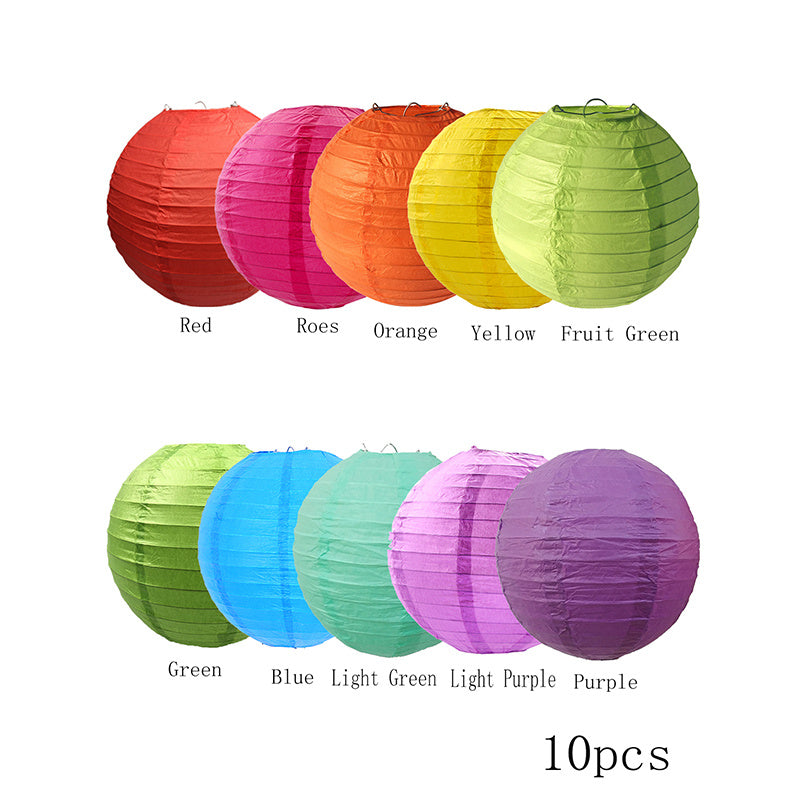 10 festive 7.9 inch paper lanterns in random colors for holidays and celebrations.