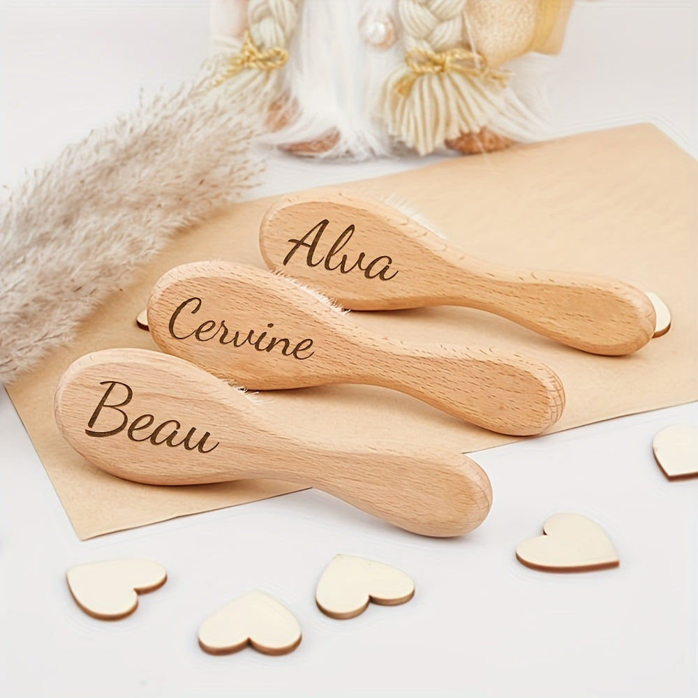 A charming engraved hair brush with a personalized cartoon wooden design, customized with your name. A unique and thoughtful gift option for Mother's Day or Father's Day.