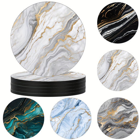 6 golden marbled coasters with absorbent rubber and non-slip backing, perfect for home decor or as a housewarming gift, each 10.16 cm in diameter.