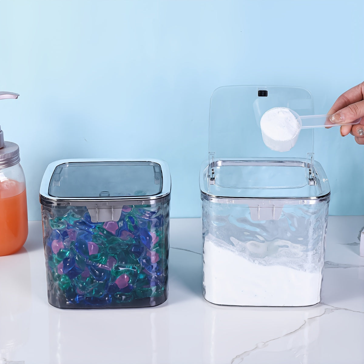 Convenient Laundry Detergent Dispenser with Scoop - Compact Storage for Powder & Beads, Ideal for Home Tidiness, Laundry Powder, Detergent Holder, Scent Booster, Laundry Organization & Storage.