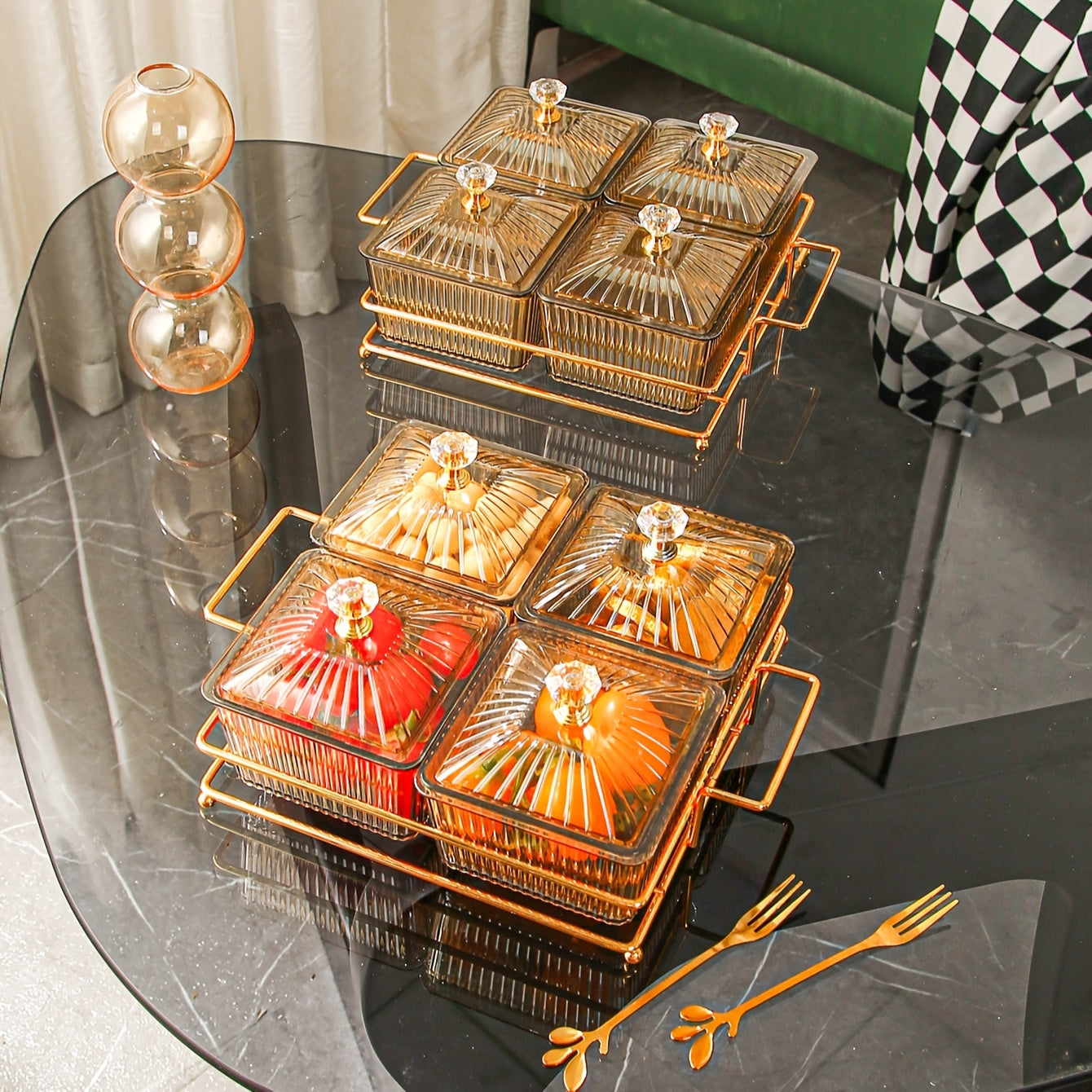 New holiday-themed dried fruit plate trays with multiple compartments for snacks and desserts.