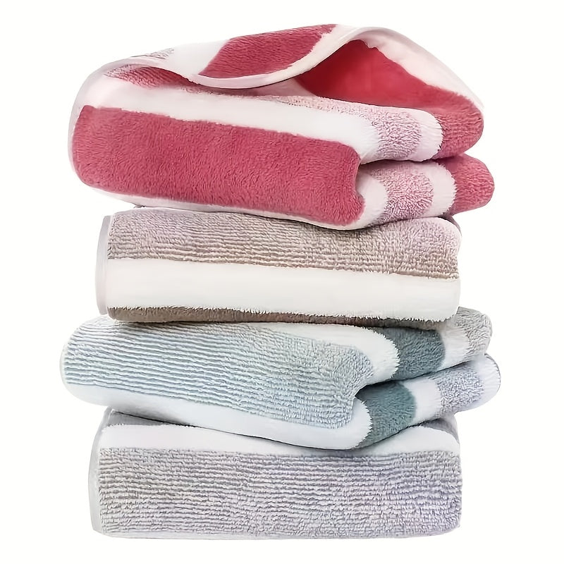 LDQ 4 Ultra-Soft Coral Fleece Towels - Quick Dry, Striped Hand & Face Towels, 34.8x74.93 cm