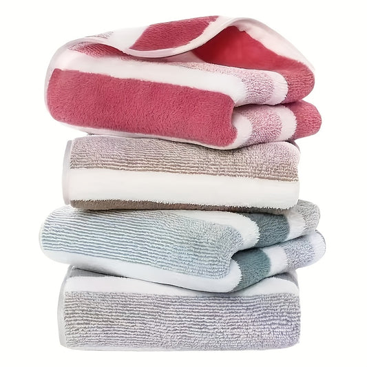 LDQ 4 Ultra-Soft Coral Fleece Towels - Quick Dry, Striped Hand & Face Towels, 34.8x74.93 cm