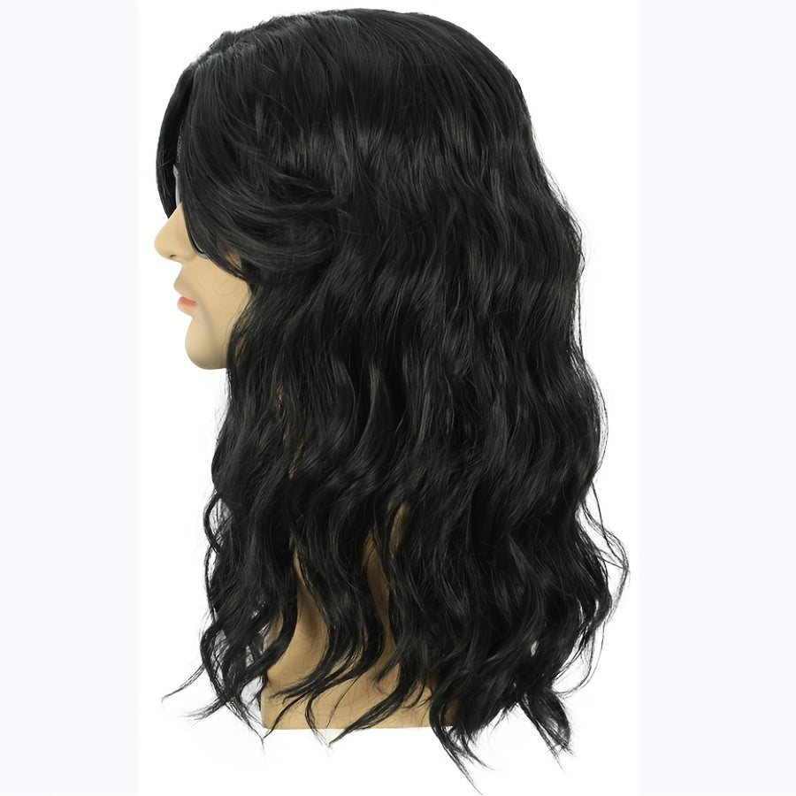 Stylish Black Long Fluffy Curly Wig for Men, Perfect for Casual School Parties or Halloween Christmas Cosplay Photos, with a Cool Punk Hip Hop Disco Vibe