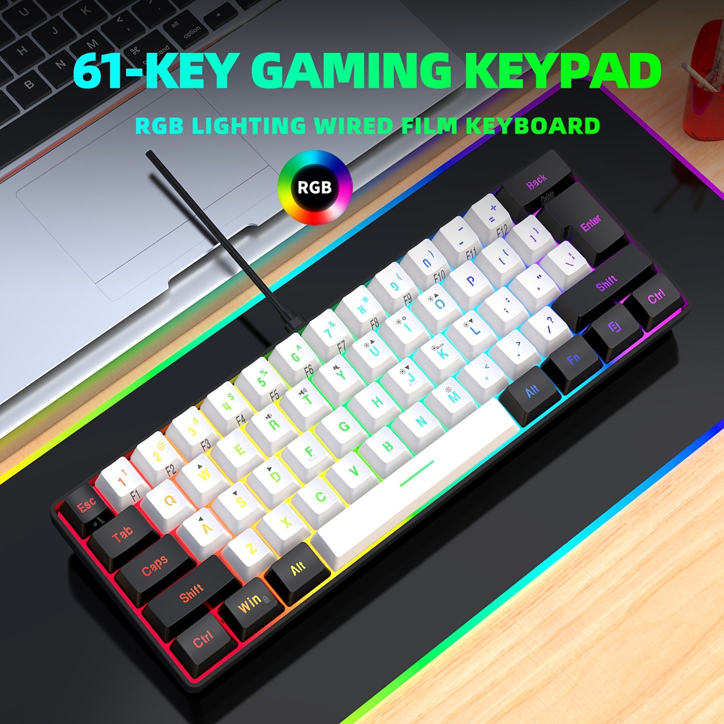 SNPURDIRI 60% Mini RGB Gaming Keyboard with 61 keys, RGB backlight, USB powered. Ideal for PC/Mac gamers, typists, and travel.