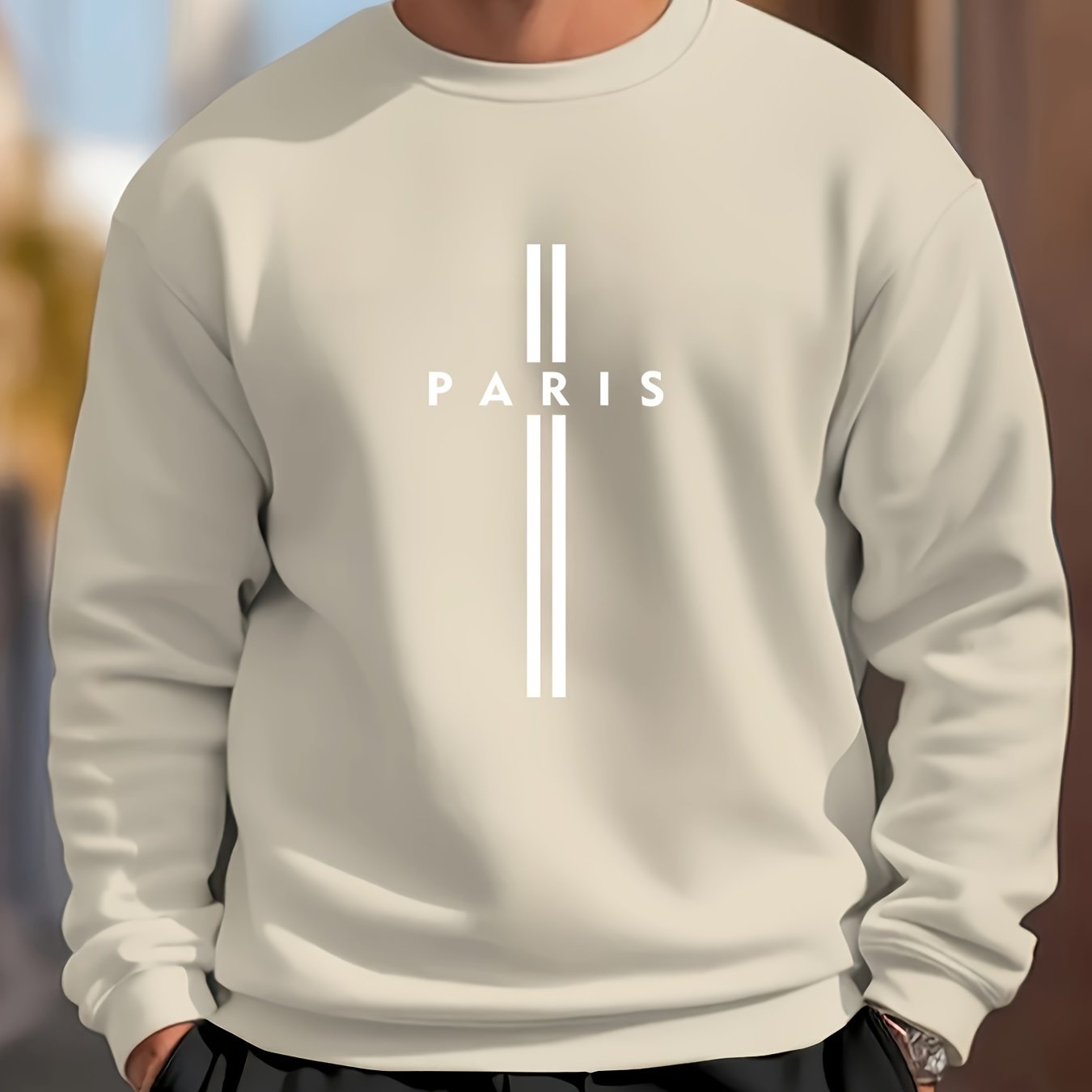 Stylish Paris letter print men's crew neck sweatshirt for outdoor sports in spring and autumn.