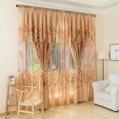 This sheer curtain features a delicate flower pattern on a single layer of translucent material, giving it a pastoral style. It is rod pocketed and does not come with a cloth lining, making it suitable for adding a touch of elegance to your living room