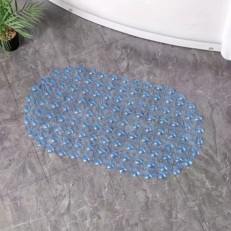 1pc Blue PVC Oval Non-Slip Bath Mat with Water Bead Design - Soft, Comfortable, Hand Washable, Slip Resistant Rug for Bathroom Use.