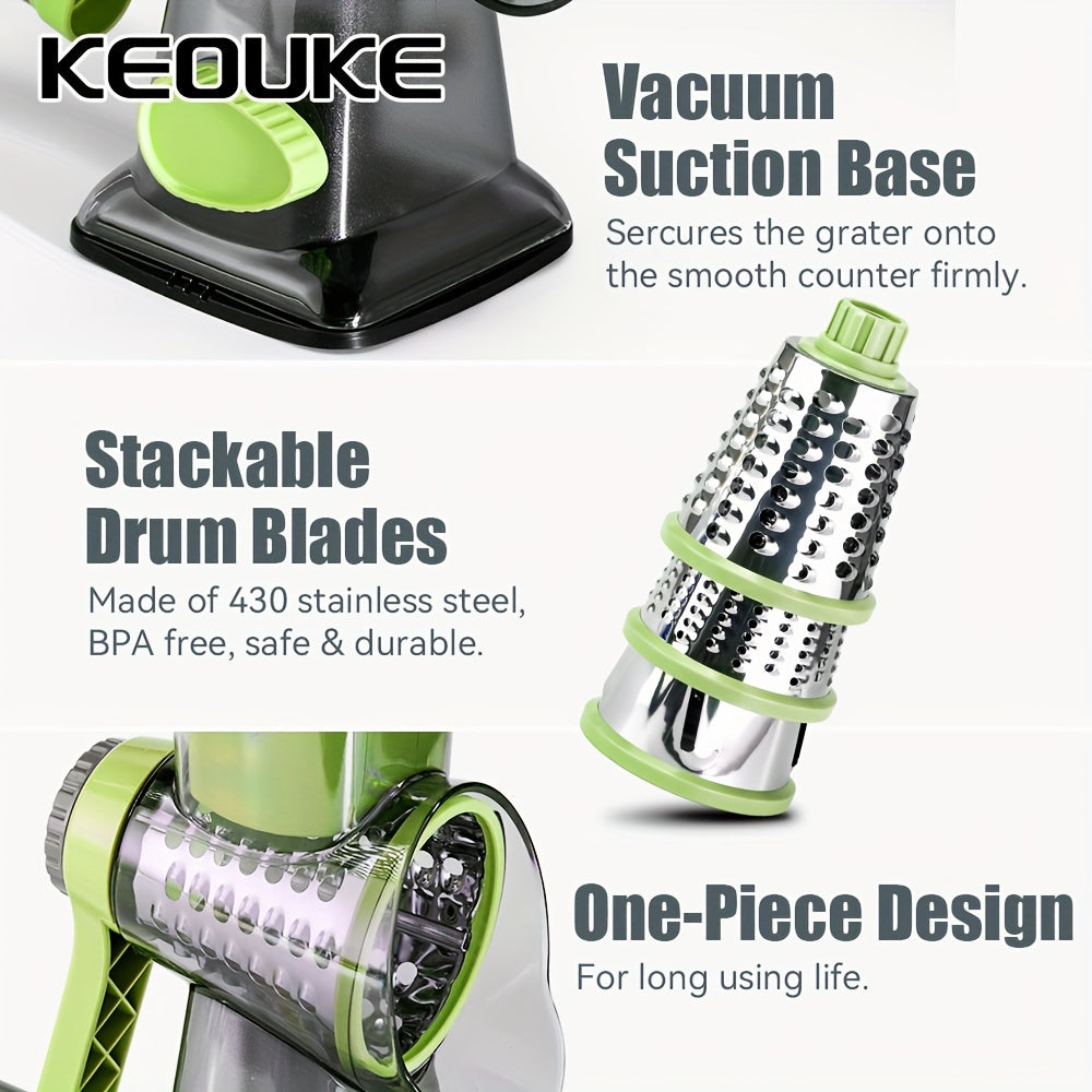 "KEOUKE Versatile Cheese Grater & Vegetable Slicer - Handheld with Stainless Steel Blades, Ideal for Potatoes & More - Sleek Transparent Design