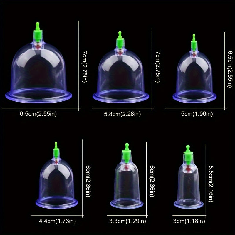 12 piece Cupping Relax Set with pump, includes 6 types of jar shapes, 1 manual, and 1 extension tube.