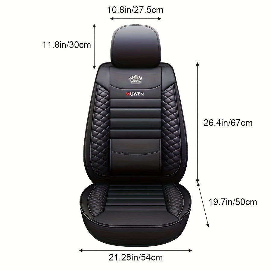 All-season faux leather car seat cushion cover with fixed lumbar support for universal front single seat fit.