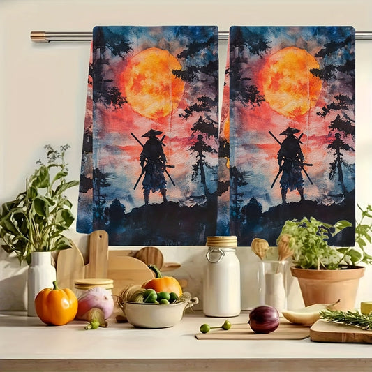 Set of 2 Ultra Soft Kitchen Towels featuring Sunset Samurai Design, Perfect for Drying Dishes - Highly Absorbent & Easy to Clean, Size 40.64x60.96 cm - Vibrant Japanese-Inspired Decor for Home & Kitchen, Dish Hand Towels