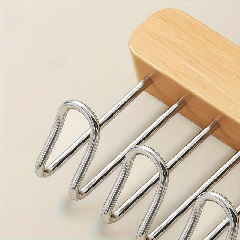 High-quality polished wood wall hanger featuring pull-out hooks for convenient storage of underwear and vests. This space-saving closet organizer includes a metal rod, perfect for use in the home or kitchen to keep your clothes organized.