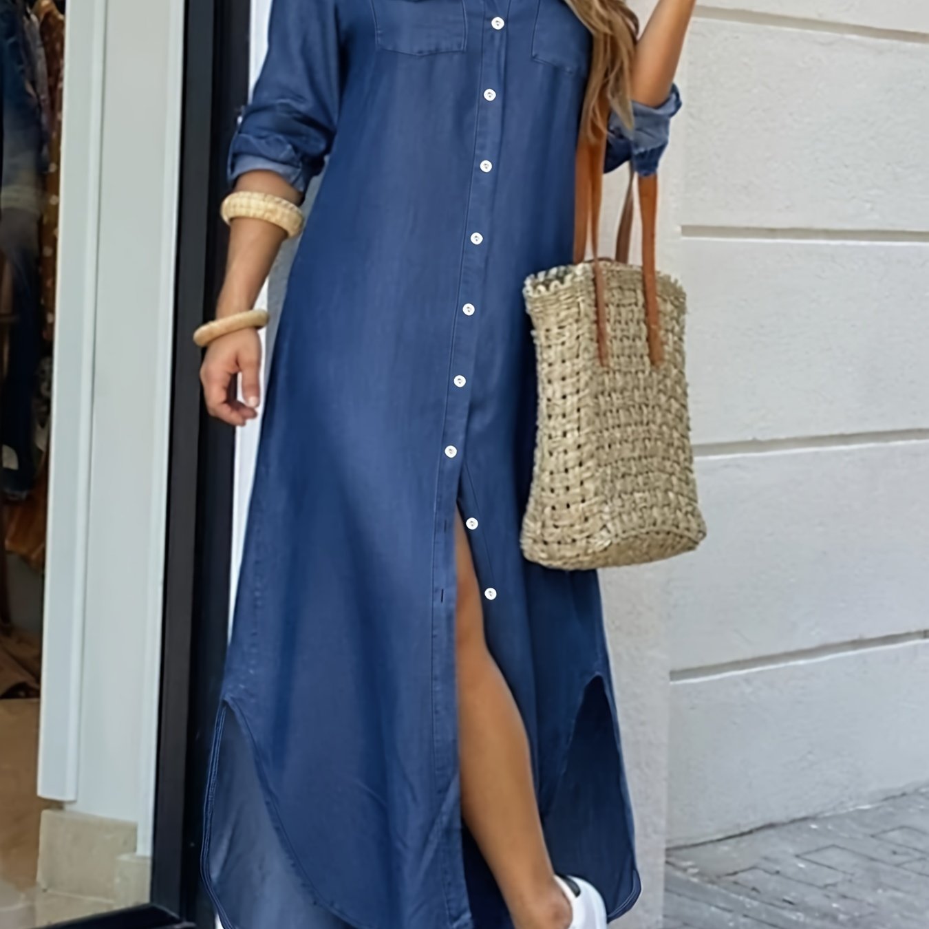 Women's Plus Size Casual Denim Maxi Shirt Dress with Button Up Long Sleeve and Turn Down Collar.