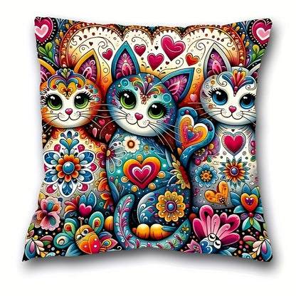 Bohemian style cat & floral print pillow case, 44.96cm x 44.96cm, with zip closure. Vibrant home decor accent, machine washable. Ideal for living room and bedroom.