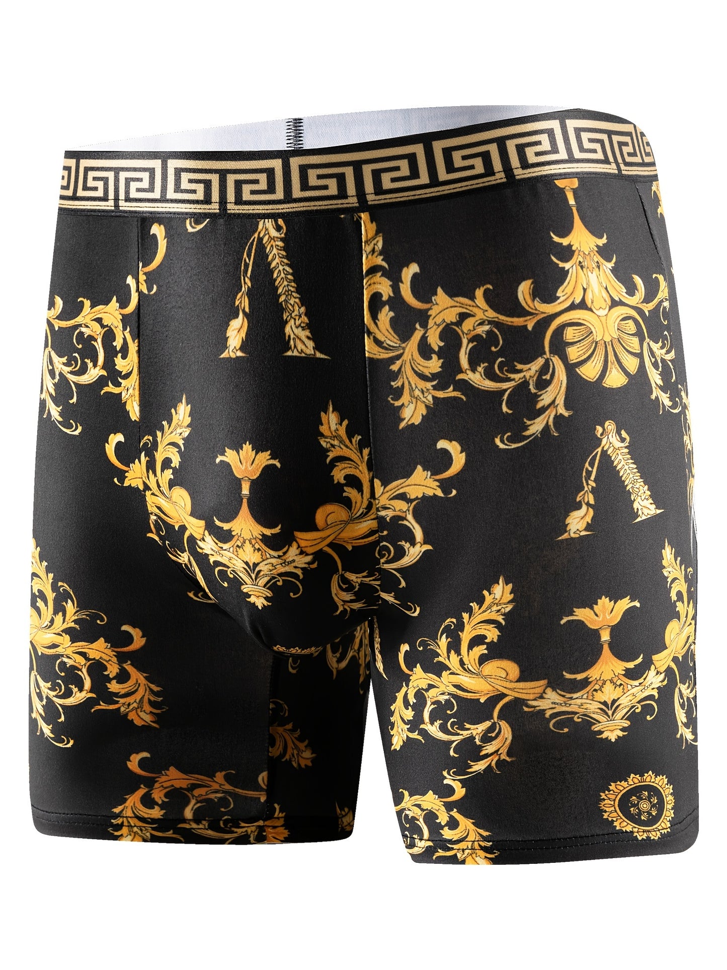 5pcs Men's Geometric Pattern Boxer Briefs - Stylish, Breathable, Stretch Polyester Underwear with Golden & Black Designs | Bold Fashion Statement | Elastane Fabric